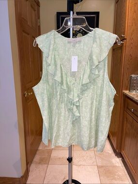 LOFT Mint Green Ruffle V-Neck Sleeveless Top